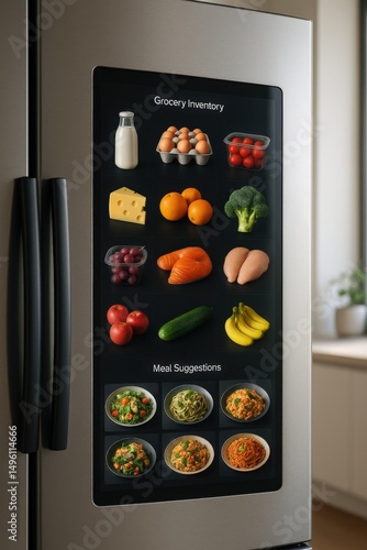 Smart fridge with a touch screen displaying grocery inventory and meal suggestions.