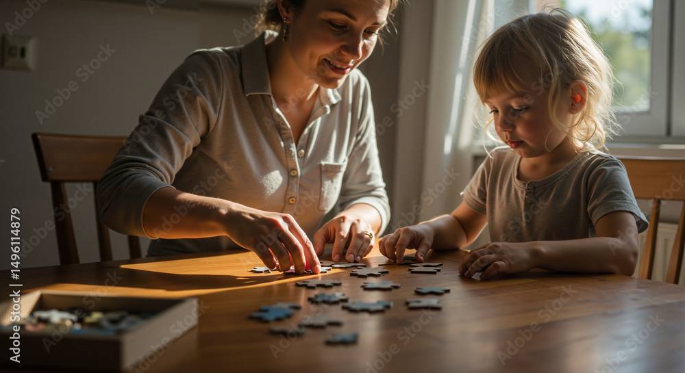 Fototapeta premium Mother and daughter playing with puzzle pieces at home during daylight