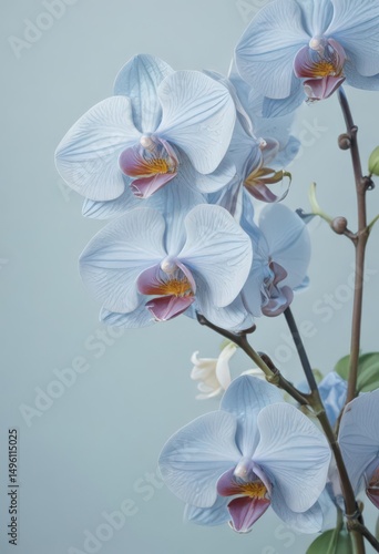 Intricate watercolor painting of Philippine Phalaenopsis orchids against a soft blue wash background  Close-up view shows petal details , background, stock