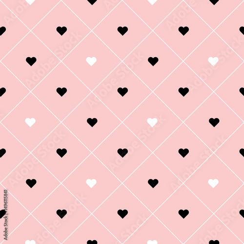 Seamless Pink Background With Hearts On Grid For Love Romantic Valentine Textile Gift Card Wrap