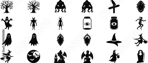 Halloween Vector Silhouette Bundle – Spooky Ghosts, Pumpkins, Witches, and Skull Set
