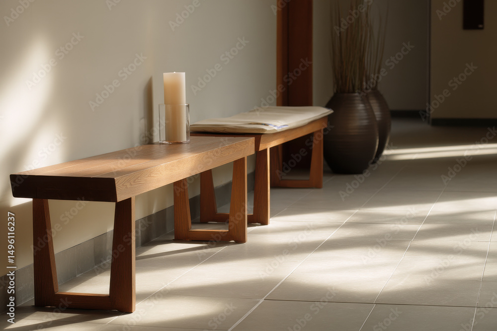 serene minimalist prayer space featuring simple wooden benches and soft natural light serene minimalist prayer space featuring simple wooden benches and soft natural light