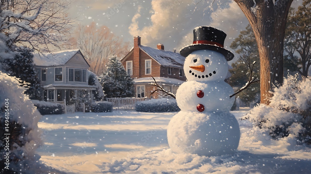 Obraz premium A winter scene with a snowman in a snow-covered residential area.