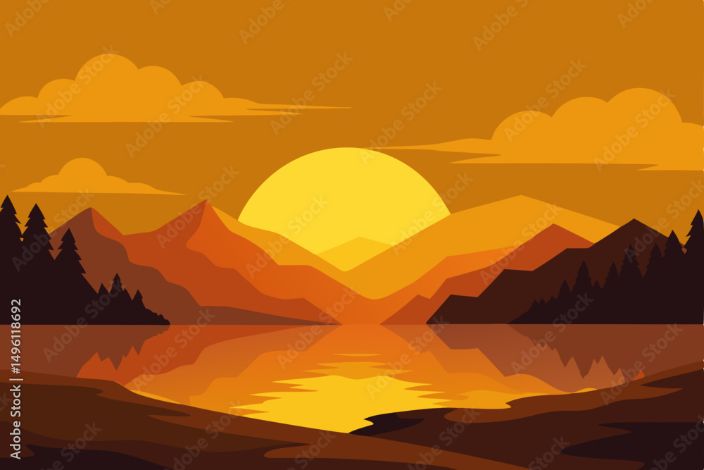 golden dusk over the whispered lake vector illustration background golden dusk over the whispered lake vector illustration background