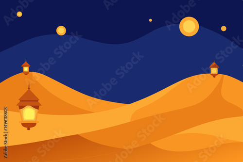 surreal sand dunes with floating lanterns vector illustration background