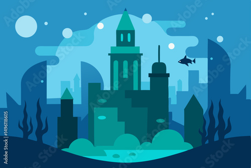underwater fantasy city vector illustration background