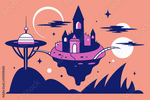 ink and line art of fantasy dreamscape vector illustration background