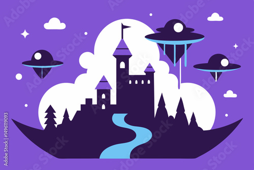 ink and line art of fantasy dreamscape vector illustration background