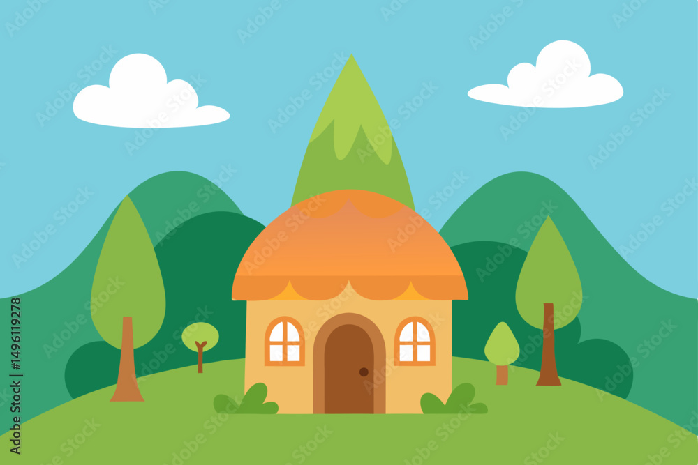 Fototapeta premium fairy cottage in enchanted hills vector illustration background