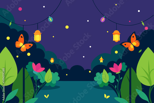 dream garden with butterflies and lights vector illustration background