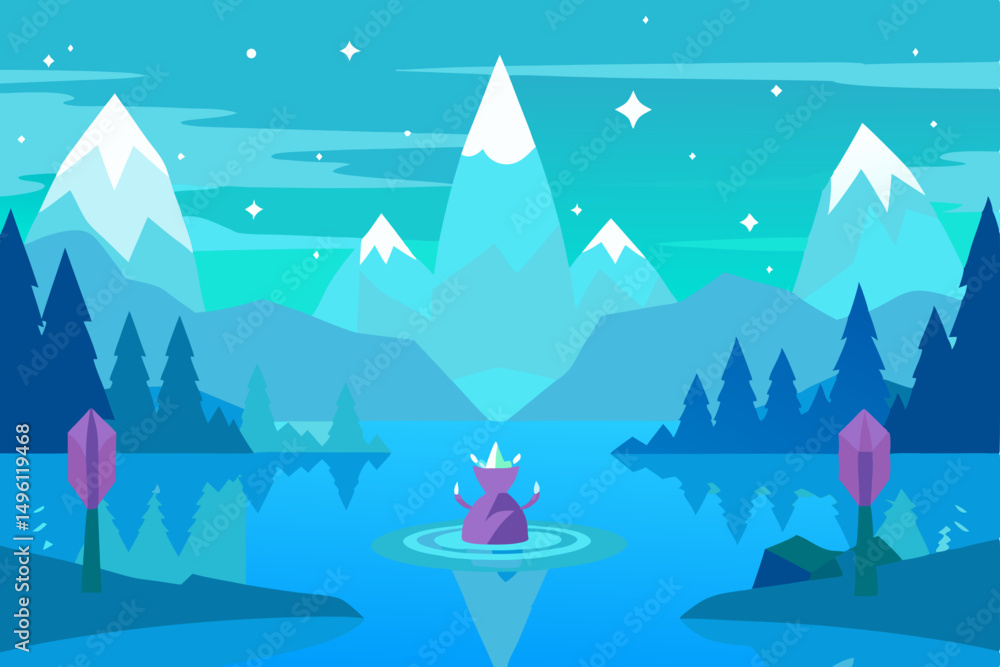 crystal lake with magical creatures UHD vector illustration background crystal lake with magical creatures UHD vector illustration background