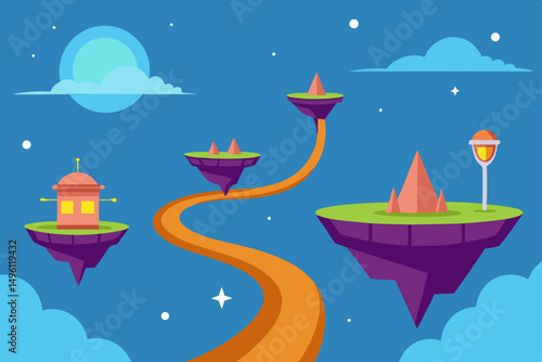bizarre floating roads in sky fantasy vector illustration background