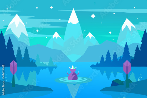 crystal lake with magical creatures UHD vector illustration background