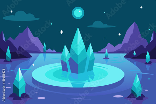 crystal lake with magical creatures UHD vector illustration background