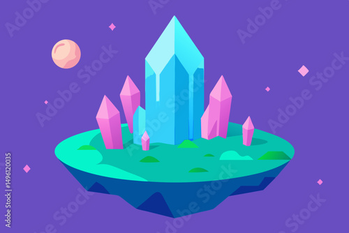 vibrant dreamy island with crystals UHD vector illustration background