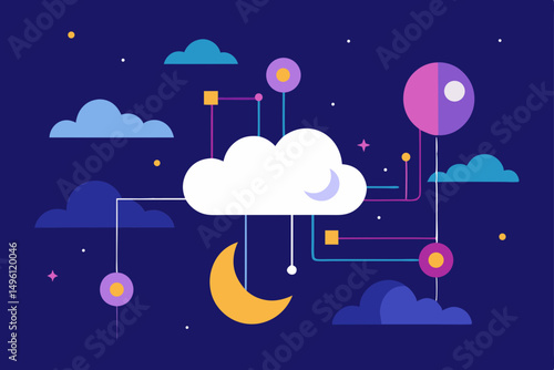 AI dreamscape with clouds moons lights vector illustration background