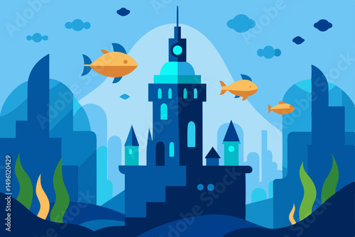 underwater fantasy city vector illustration background