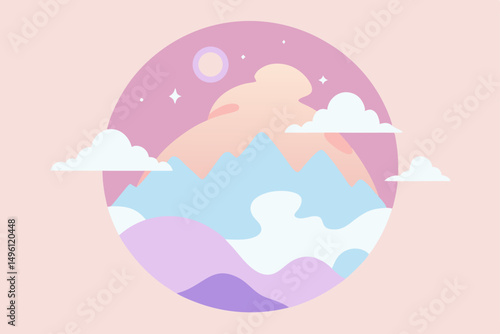 dreamy pastel world with clouds mountains vector illustration background