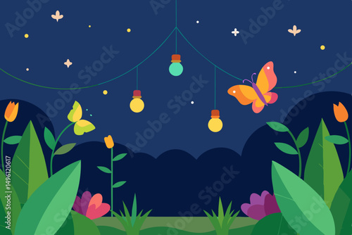 dream garden with butterflies and lights vector illustration background