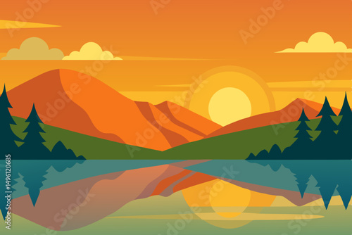 golden dusk over the whispered lake vector illustration background