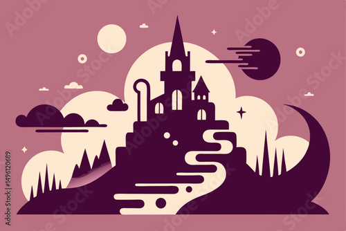 ink and line art of fantasy dreamscape vector illustration background