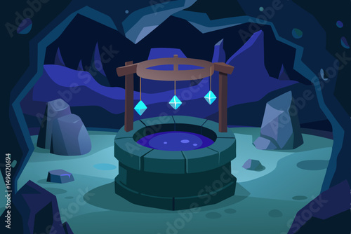 magic well in fantasy cave vector illustration background