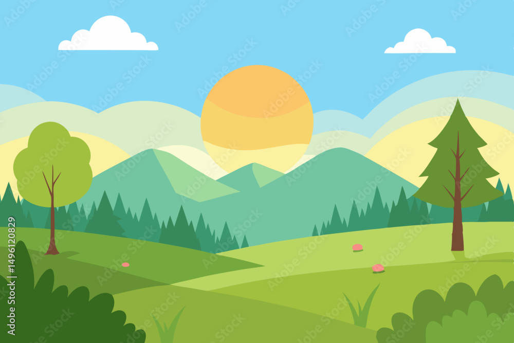 Fototapeta premium peaceful dream meadow in morning light vector illustration background