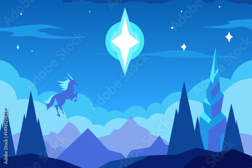 crystal clear sky with magical beasts UHD vector illustration background