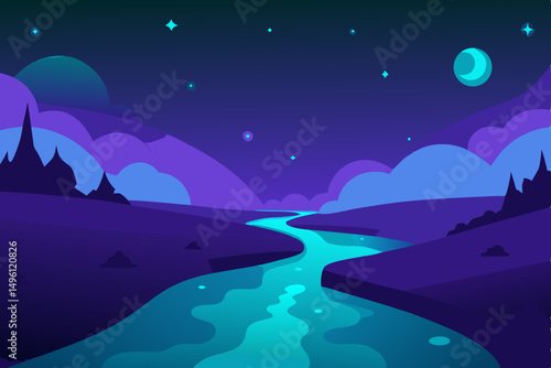 glowing river at night in dream world UHD vector illustration background