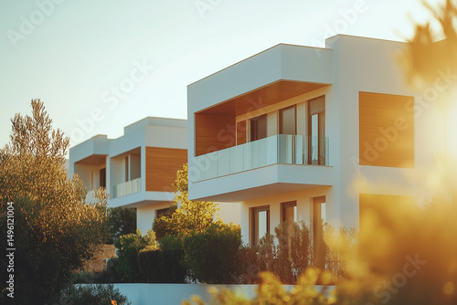 Luxurious villas in Dubai shining in the warm sunset light