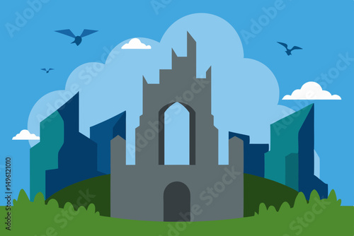 Ruins of the airborne kingdom ancient sky city vector illustration background