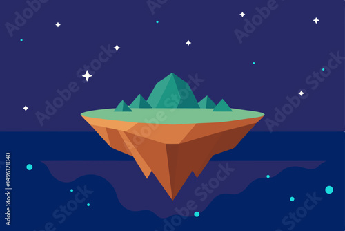 Starlit landscape with floating island cosmic nocturnal view vector illustration background