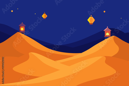 Surreal sand dunes with floating lanterns mystical illuminated sands vector illustration background