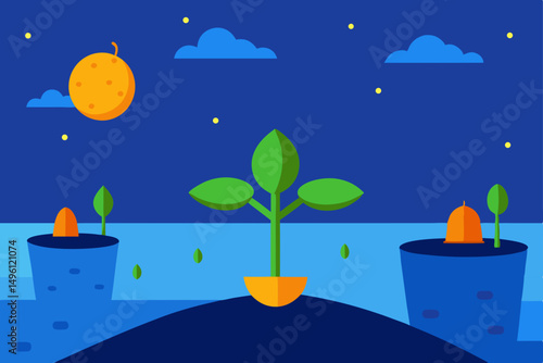Blue hour in the floating orchard serene twilight grove vector illustration background