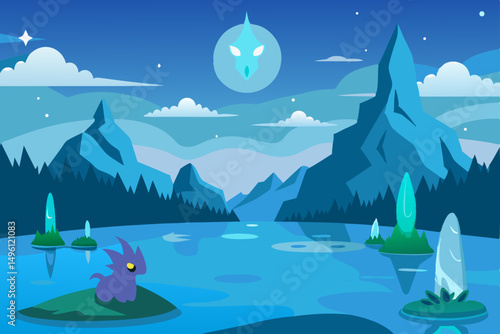 Crystal lake with magical creatures UHD sparkling aquatic life vector illustration background