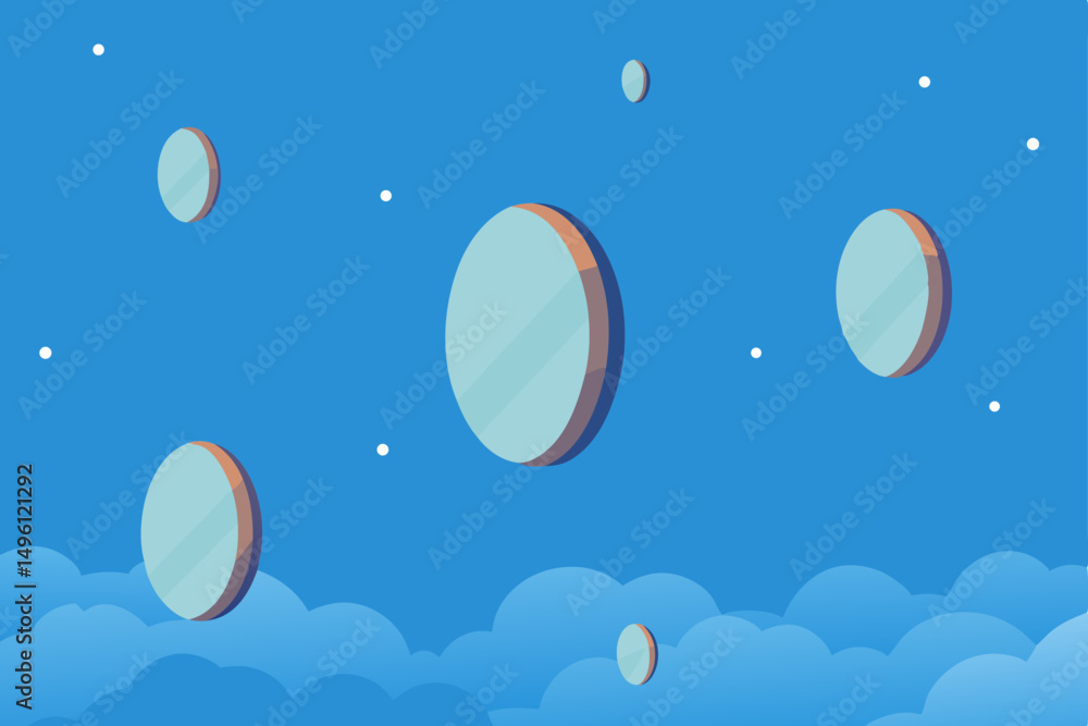 Floating mirrors in endless sky reflective celestial view vector illustration background Floating mirrors in endless sky reflective celestial view vector illustration background