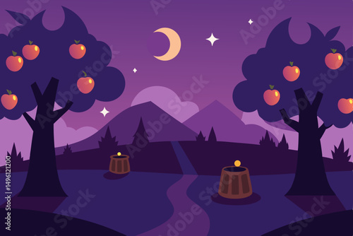 The orchard of spells and shadows mystical enchanted grove vector illustration background