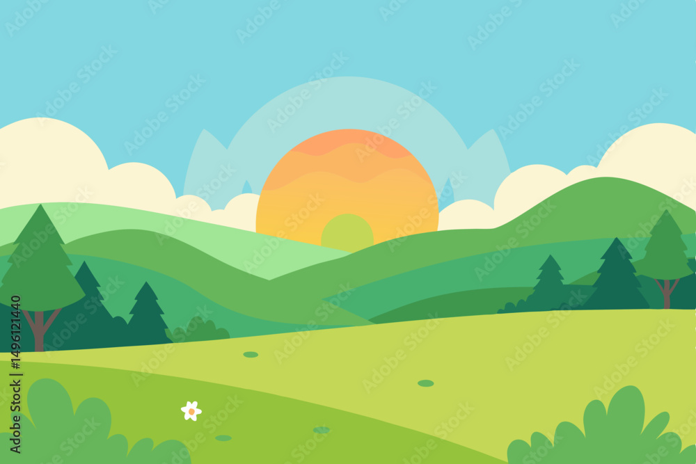 Obraz premium Peaceful dream meadow in morning light tranquil serene scene vector illustration background