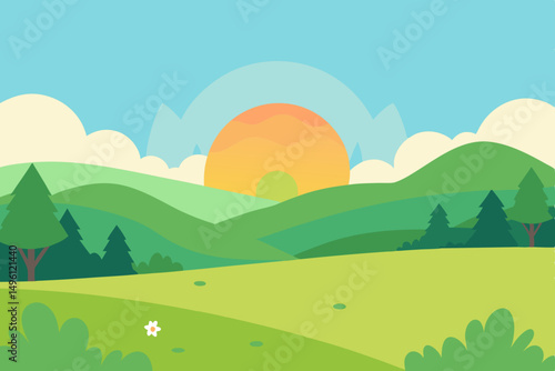 Peaceful dream meadow in morning light tranquil serene scene vector illustration background