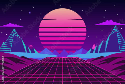 Vaporwave inspired fantasy dreamscape neon retro world vector illustration background
