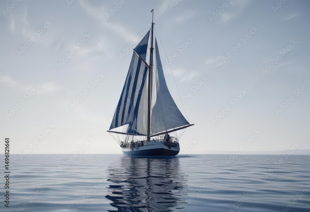 Fototapeta premium Classic blue and white nautical stripes, sailboat silhouette , yacht, waves