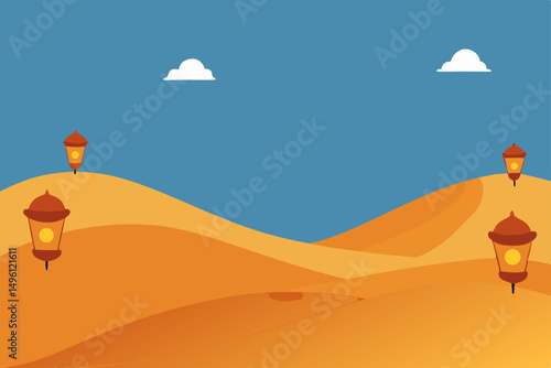 Surreal Sand Dunes with Floating Lanterns Dreamlike Desert Landscape with Lights