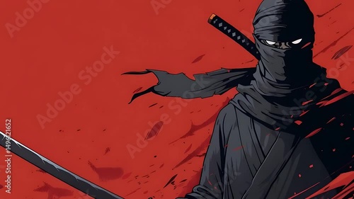 Stylized Ninja Warrior with Katana on Red Background