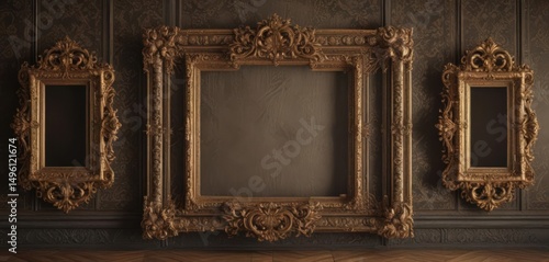 Intricate vintage frames on rich damask  Ornate details, textured surface ,  luxury,  arabesque