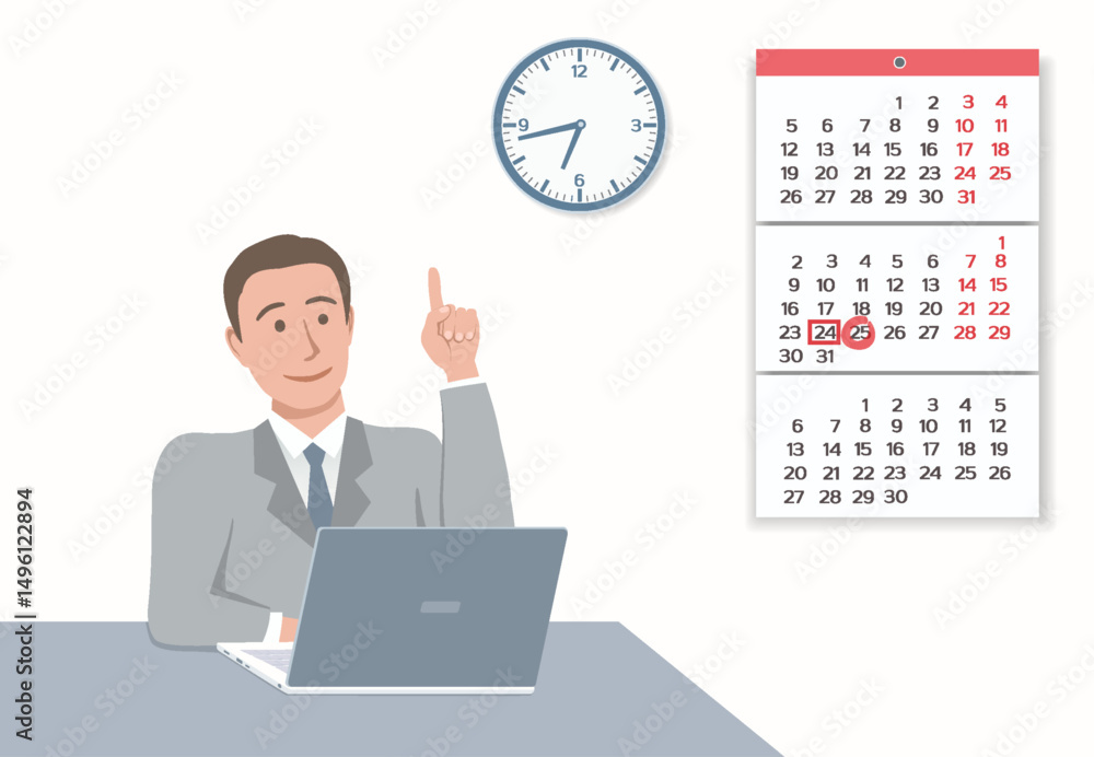 Businessman sits at his desk with laptop and gesture of good idea. White-collar worker in moment of strategic decision-making. Scene represents creativity, problem-solving, and success in business. Businessman sits at his desk with laptop and gesture of good idea. White-collar worker in moment of strategic decision-making. Scene represents creativity, problem-solving, and success in business.