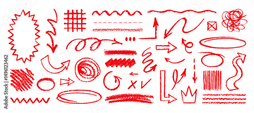 Underline crayon set. Hand drawn line arrow. Red underline mark. Brush, marker, pencil, crayon hand drawn note highlight. Painting emphasis, check by red pen, chalk, pastel. Doodle line, circle. arrow