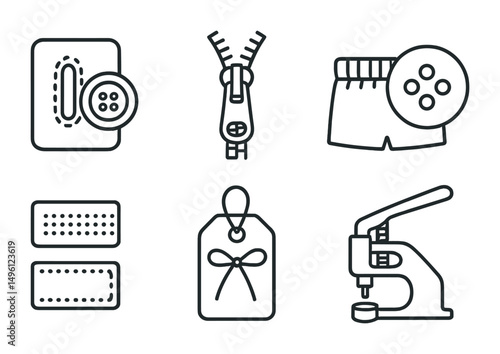 Line style icons of button and closure techniques: hand-sewn buttonhole, zipper and pull sketch, hook and bar icon, snap fastener symbol, Velcro strip card, tie closure tag, elastic waistband loop,