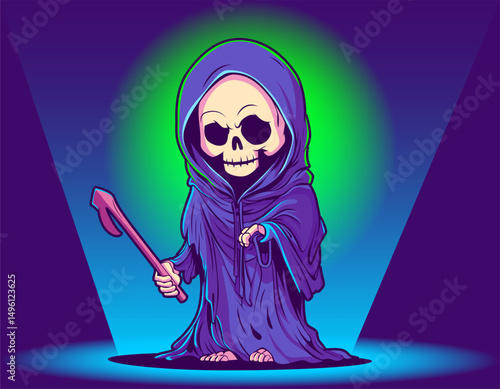 Grim Reaper Skeleton Cartoon Character. Skeleton With Scythe. Cute Grim Reaper Halloween Spooky and horror Element design for banner, greeting card, poster, flyer. Flat Style Vector Illustration