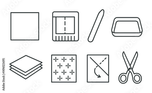 Line style icons of paper preparation and setup: perfect square sheet, crease + align board, bone folder icon, smooth surface tray, thin paper stack, patterned origami paper, fold instruction sheet,