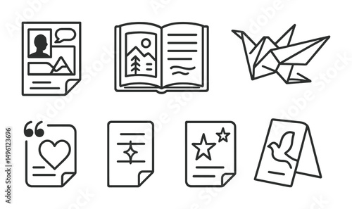 Line style icons of storytelling with paper folds: folded comic page icon, visual diary in paper, poem + origami match, symbolic bird for story, quote + paper heart, memory fold symbol, personal
